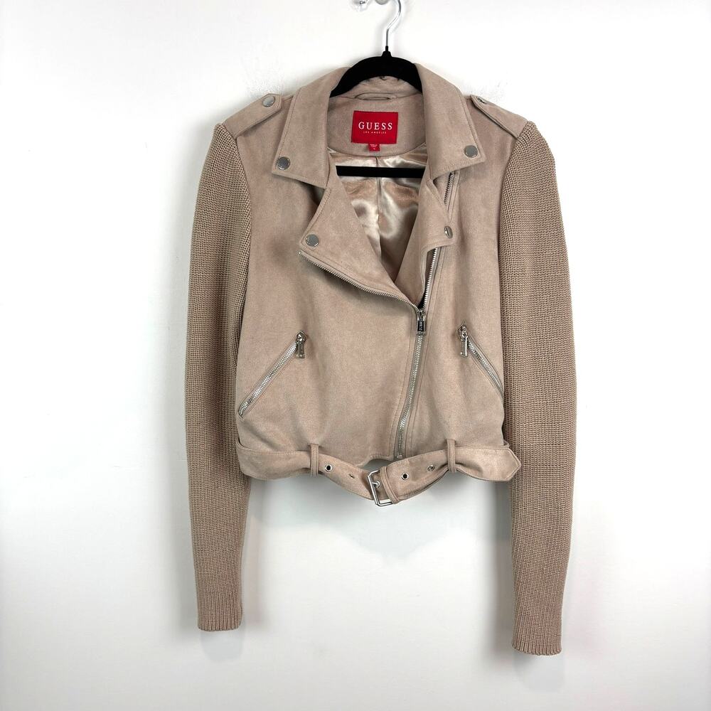 Y2K CORE Guess Cropped Biker Jacket – Cream Faux Suede Knit Sleeve – Women’s S